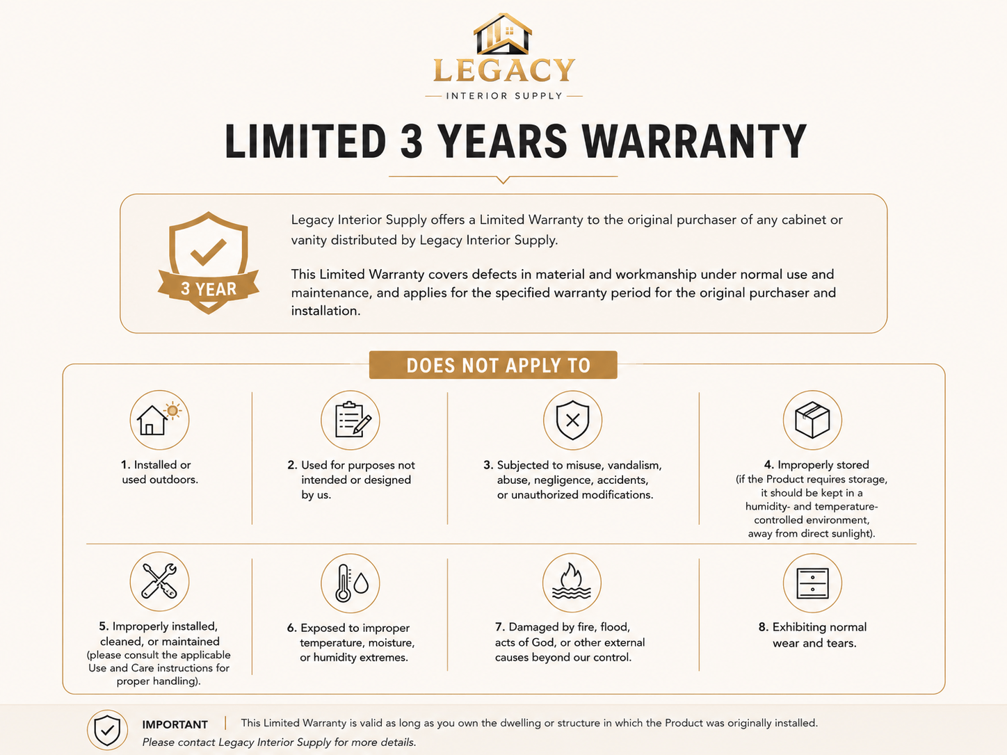 Overview of Legacy Interior Supply’s limited 3-year cabinet and vanity warranty for eligible original purchasers.