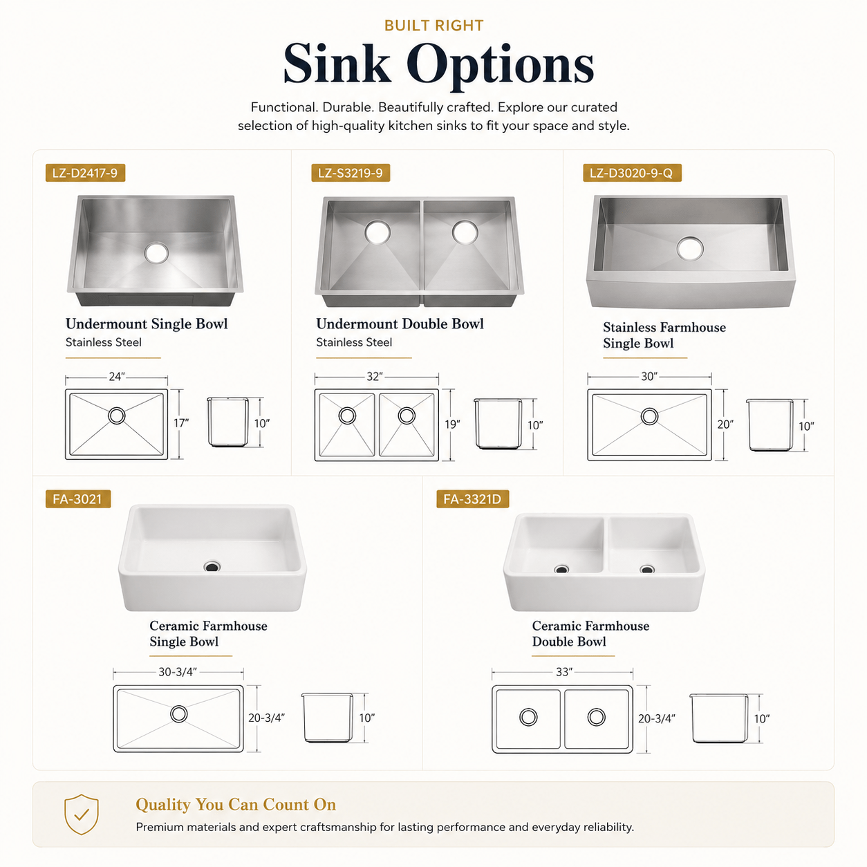 Floating vanity cabinet options including sink base, full-height door base, and drawer base configurations with available dimensions.